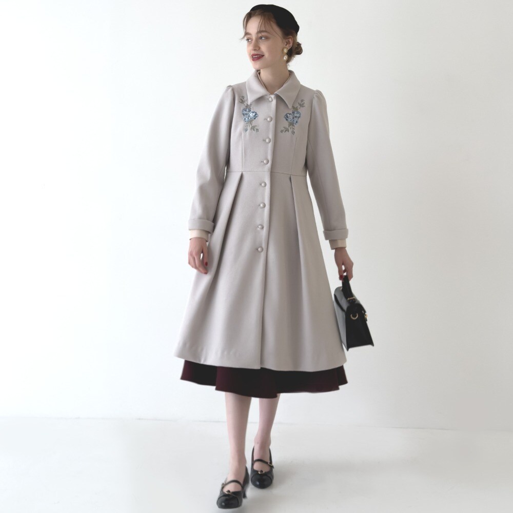 上品/軽い/アンゴラ混/結婚式】イングリッシュローズ刺繍ロングコート
