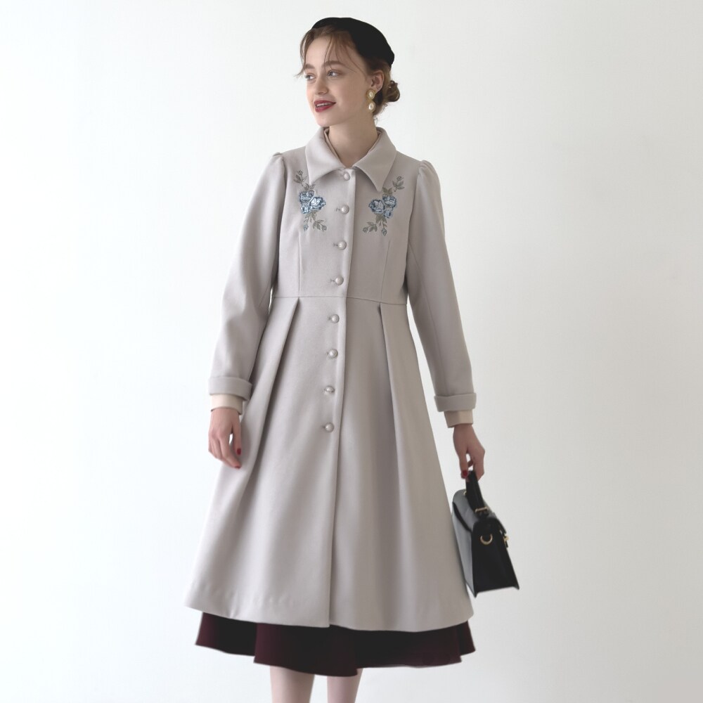 上品/軽い/アンゴラ混/結婚式】イングリッシュローズ刺繍ロングコート