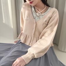 ローズ刺繍ペプラムニットカーディガン　【洗える】