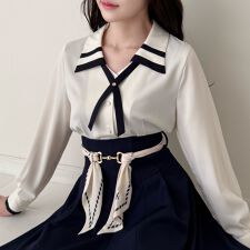 クロスタイ付きバイカラーブラウス　洗える/セットアップ可能