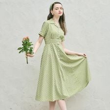 レトロギンガム開衿ワンピース　【セットアップ可能/洗える】