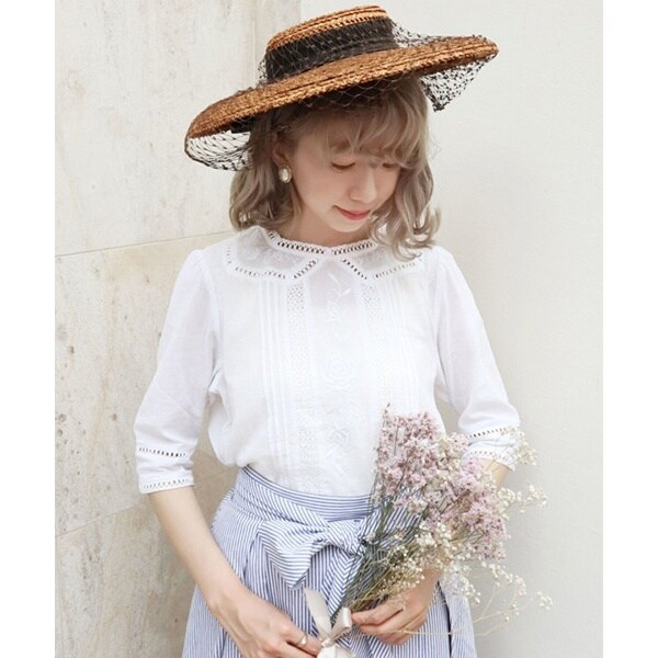 期間限定お買い得商品 |  通販 フェイラー カットソー チュニック 5分丈 刺繍 ローズ 薔薇 トップス