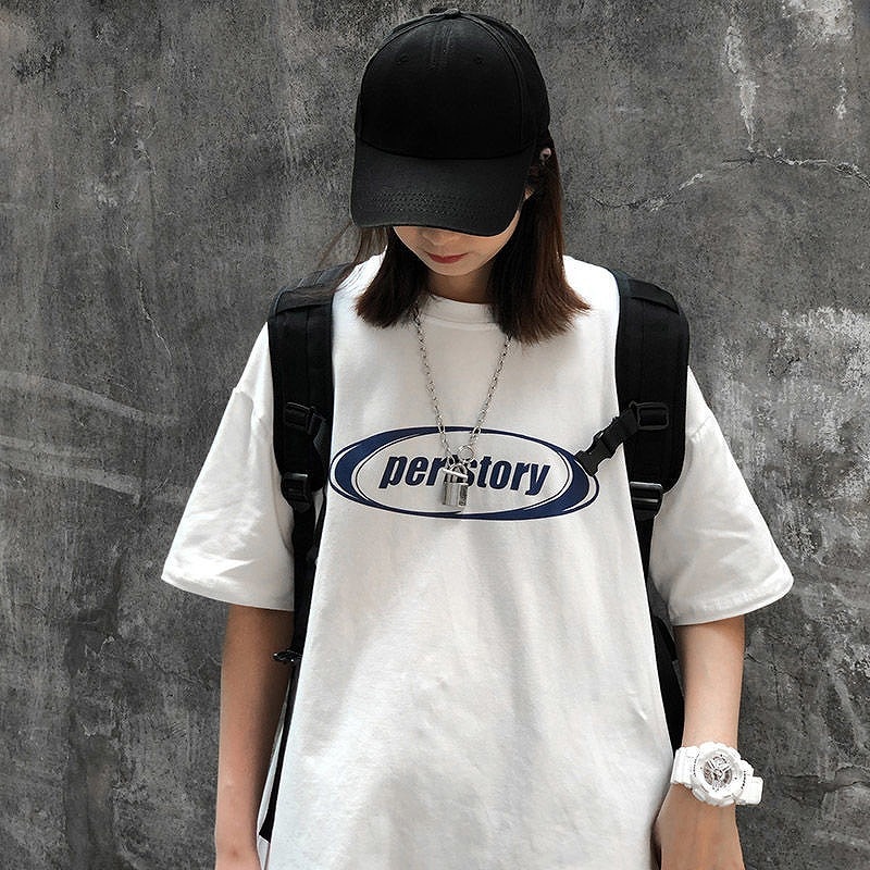 Tシャツ ストリート 半袖 ベルト ルーズ ユニセックス b3428 2color ユニセックス Tシャツ 半袖 イラスト 英字 クルーネック