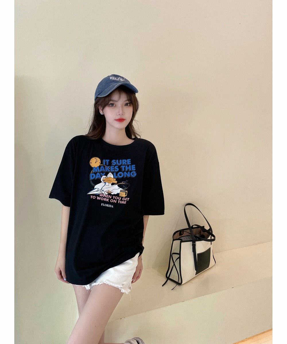 duckプリント 古着風 オーバーサイズ ビッグシルエット 半袖Tシャツ