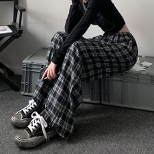 チェック ハイウエスト ワイド ストレート Y2K ストリート ルーズ パンツ