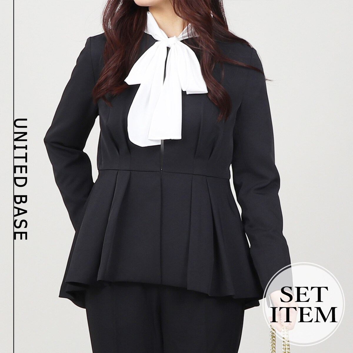 セットアップ】ノーカラー タックペプラム テーパードパンツ スーツ