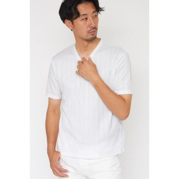 HIGH STREET∴ABSランダム針抜きテレコ半袖Vネックカットソー