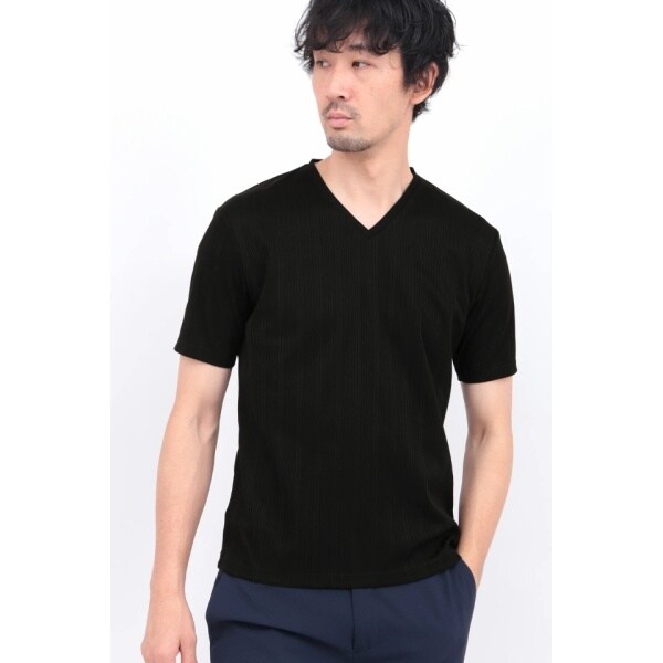 HIGH STREET∴ABSランダム針抜きテレコ半袖Vネックカットソー HIGH STREET∴ABSランダム針抜きテレコ半袖Vネックカットソー