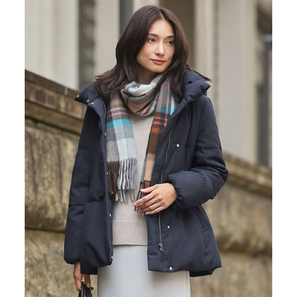 洗える】ポリエステルハウンドトゥース ショート ダウンコート | J