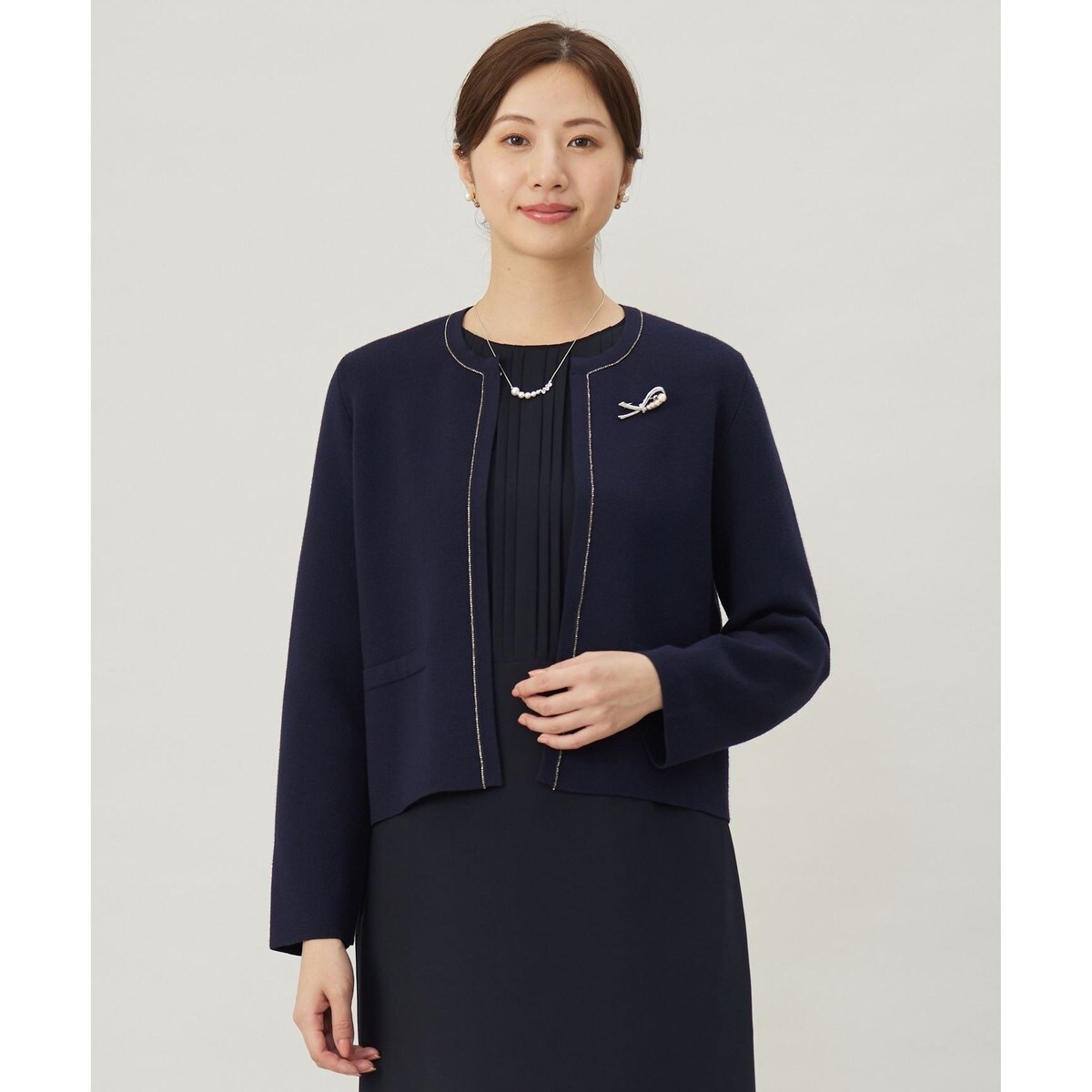 Leilian 艶やかブルーシルクコットンニット ジャケットカーディガン