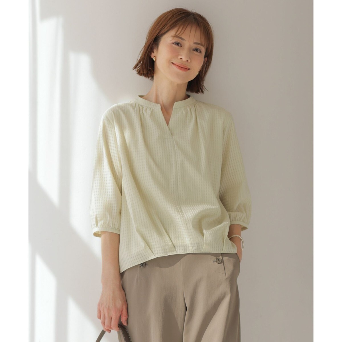 【洗える】コットンブレンドチェック バンドカラー カットソー tシャツ 「洗える」コットンブレンドチェック バンドカラー