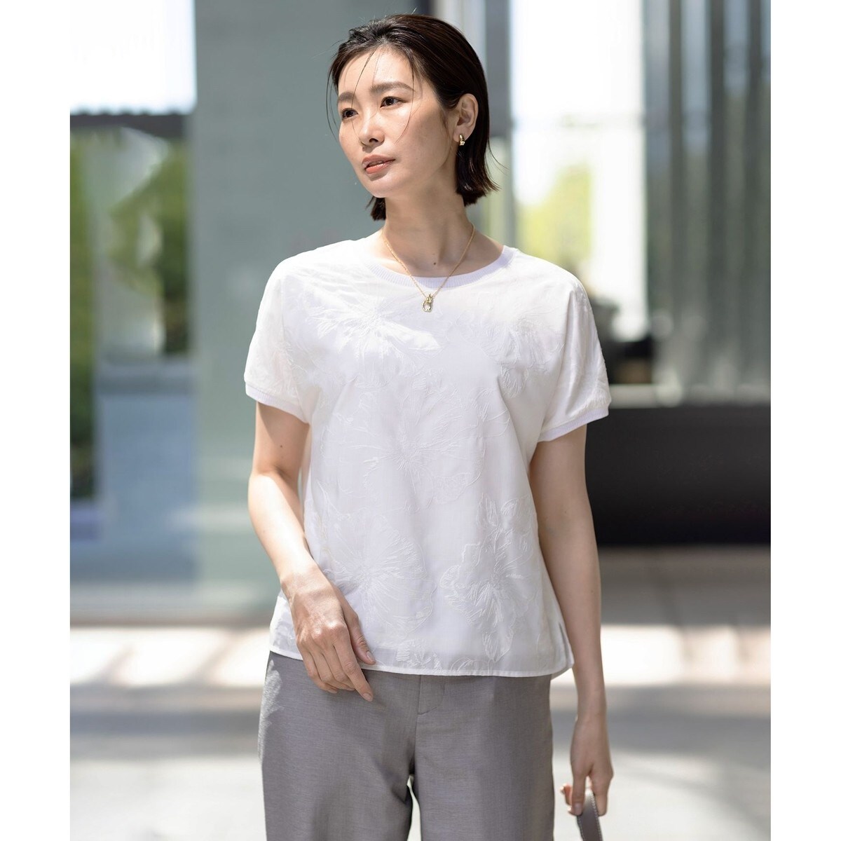 洗える】コットンポンチコンビジャージー ペプラム カットソー