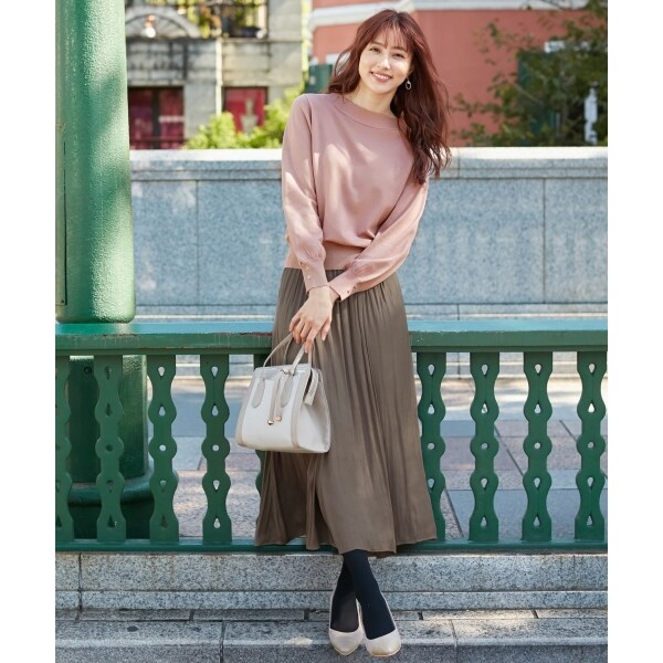 avec deuxclefs ベージュベストフレアスカート セットアップ 美人百花12月号掲載】ボウタイニット×サテンスカート セットアップ