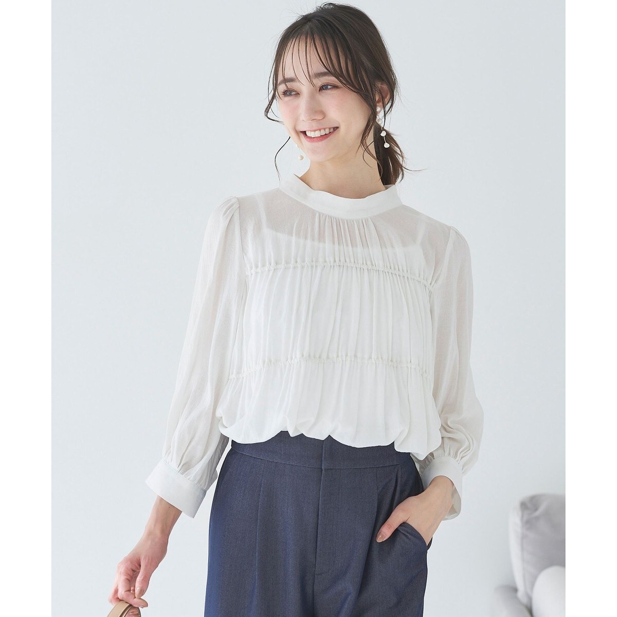 未使用　nagisa シアーブラウス　ホワイト シアーフリル2WAYブラウス／ウォッシャブル／オーガンジー／無地