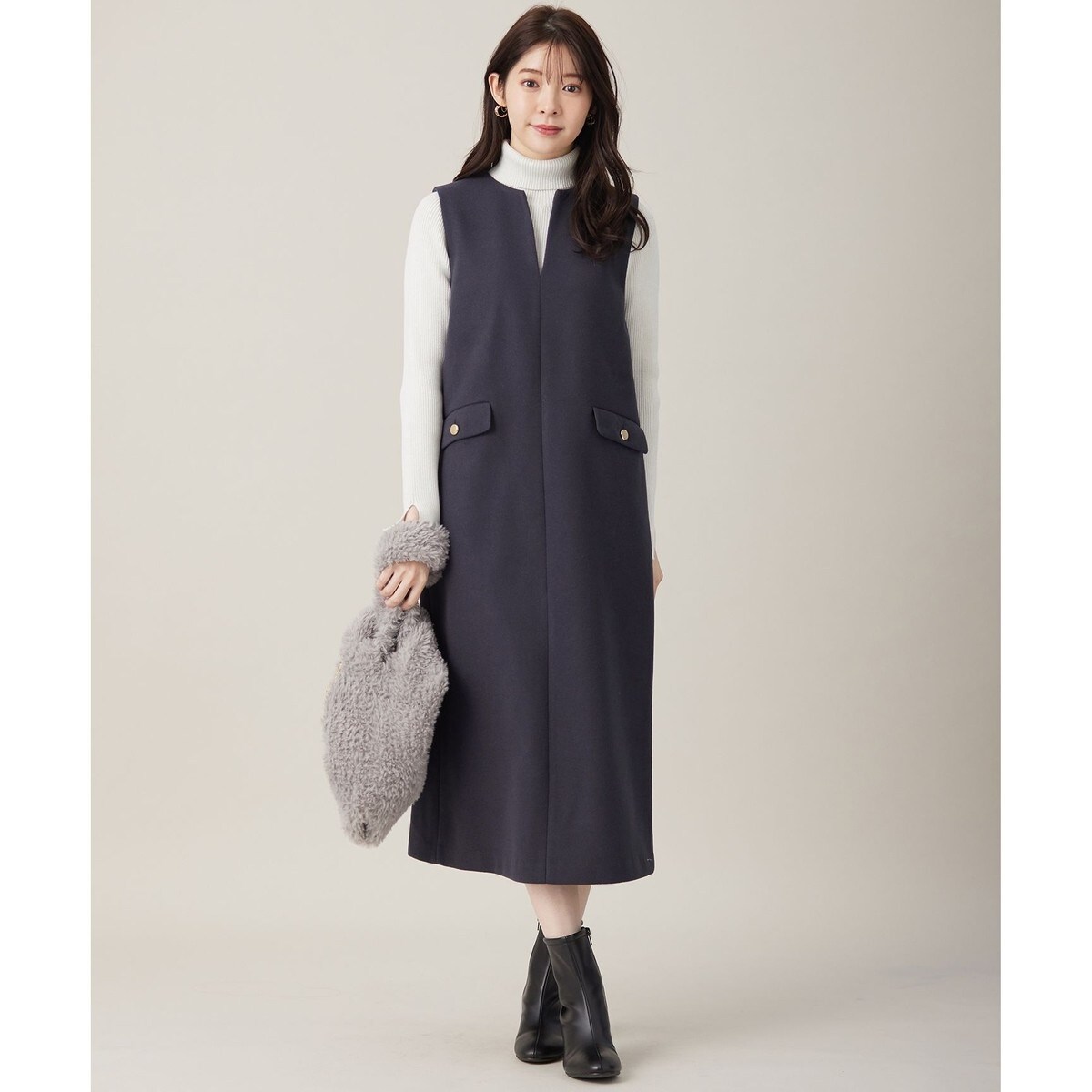 2SET】ニードルジャンパースカート × ラメリブタートルニット セット