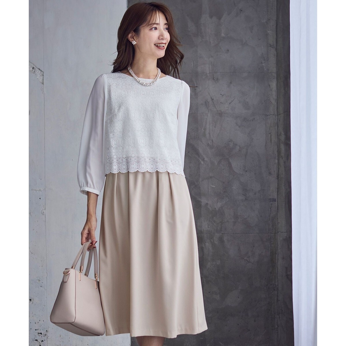 【洗える】レースコンビバックサテン ワンピース