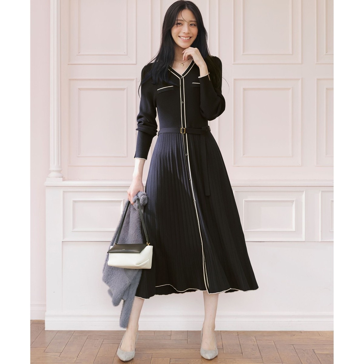 Swingle バイカラー衿パイピングフレンチスリーブシャツワンピース Swingle バイカラー衿パイピングフレンチスリーブシャツ