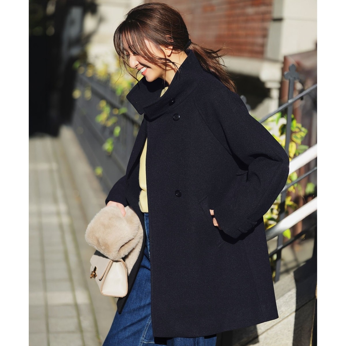 【新品】23区　ダブルクロスベロアスタンドカラーコート　ブルー　2XL 中村アンさん着用】ダブルクロスベロアスタンドカラー コート（番号