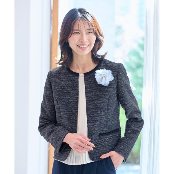 ネイビー ツイード ノーカラーコート S～LL】ネイビーツイード