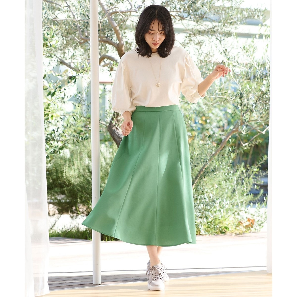 美品 エブール リネンビスストライプ ロングフレアスカート カーキ