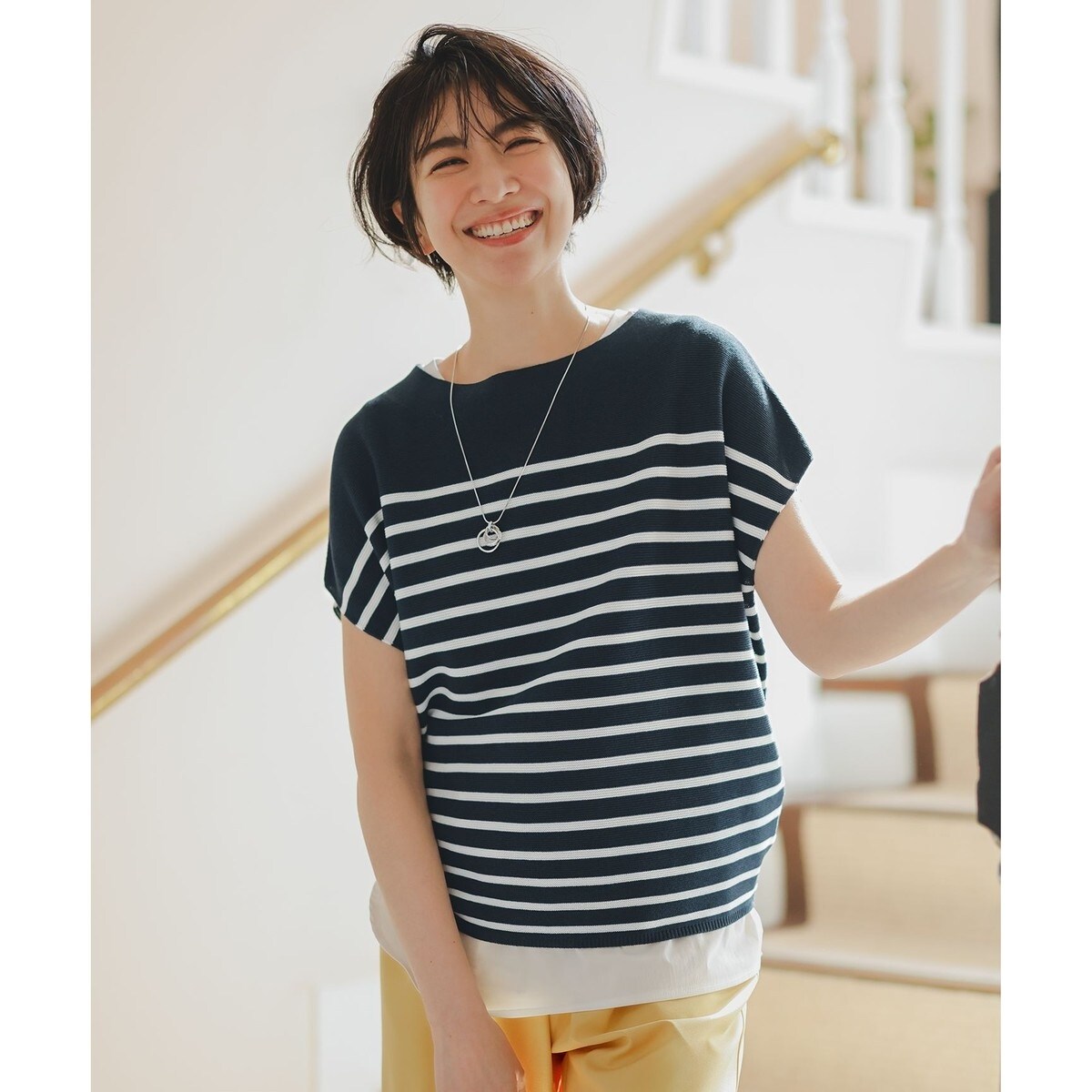 ☆美品☆aimeine エメイン　ジャガードフレンチスリーブニット ダークグレー any FAM ニット セーター 「新色追加/14色展開/洗濯機可/UV