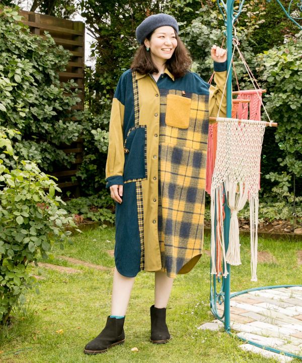 hal + チェック柄パッチワークシャツワンピース