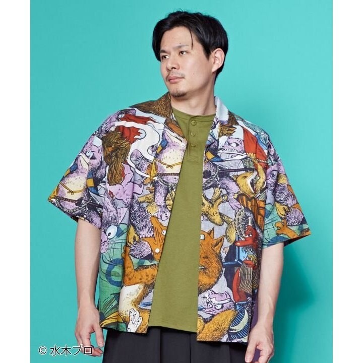 蔵*人様 新品　Lサイズ綿100% 倭物やカヤ 水木しげる アロハシャツ 妖怪/ used men's glaniph 水木しげるコラボ 妖怪柄シャツ アロハ
