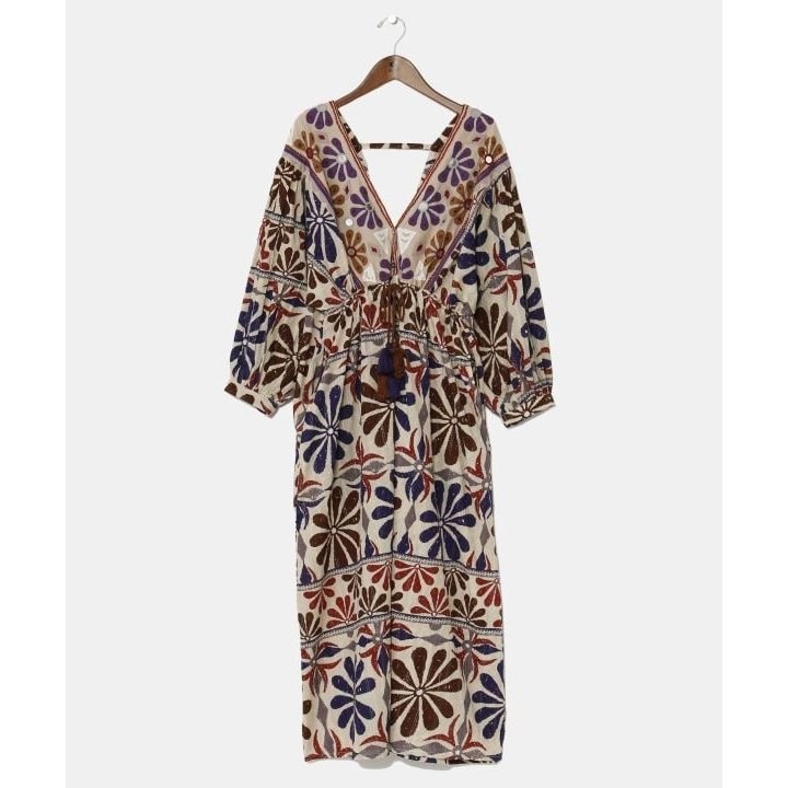 LEJA】配色パイピングレーススパンコール刺繍パフスリーブフレアドレス