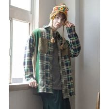 【チャイハネ】チェックパッチワークメンズシャツ