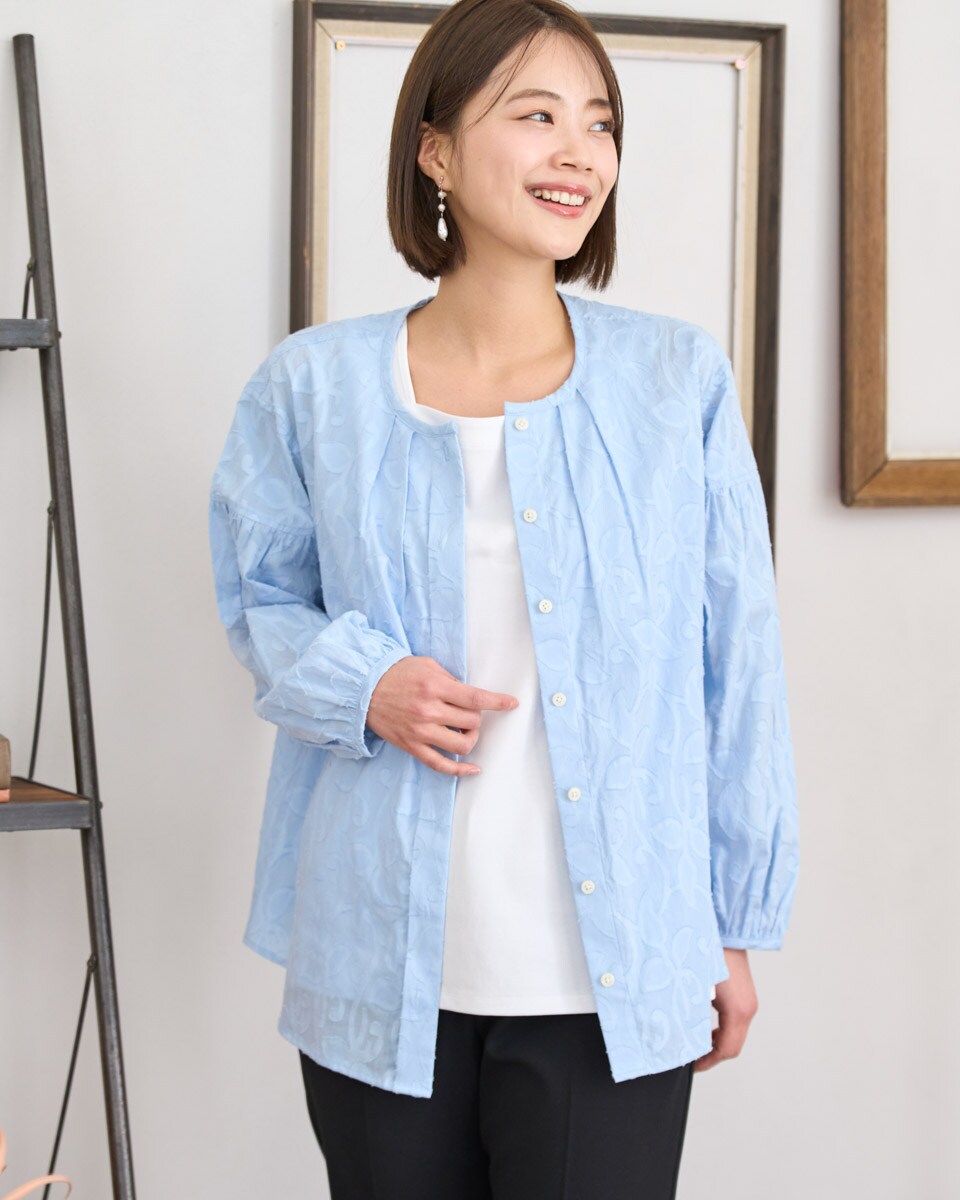 コーデュロイフラワープリントブラウス【グリーンノート】【大きい