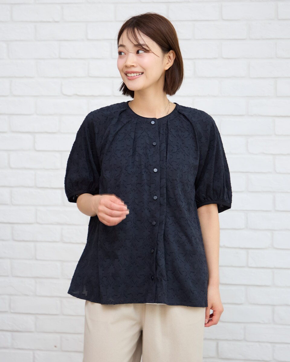 シフォンキカ柄ノーカラーチュニックブラウス | ナラカミーチェ