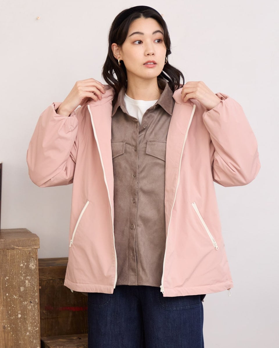 大きいサイズレディース】フード付き中綿シームレス異素材切替コート