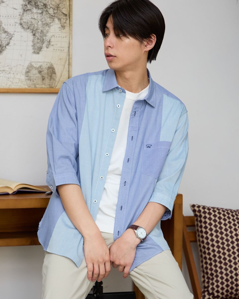 ゴールデンベア シャツ フリルバンドカラー 花柄 長袖 オーガニックコットン100% 綿100% LL XL ホワイト 白×茶×青 売れ筋商品|||レディース SALE:シャツ・ブラウス | ゴールデンベアストア