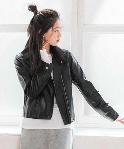 deicyラム革 シングルライダースジャケット ショート丈ブラック