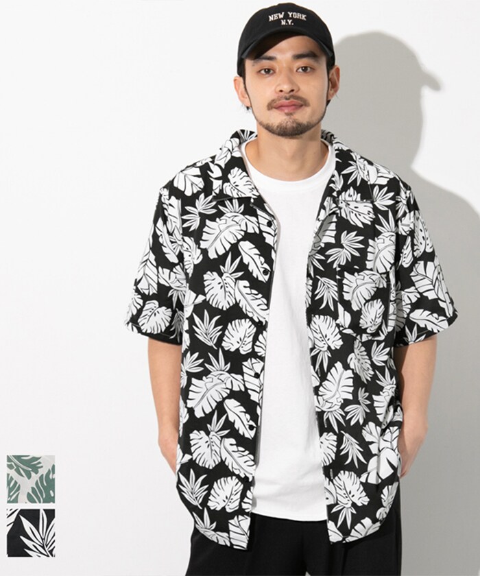 アロハシャツ 柄シャツ 白 黒 モノトーン リーフ柄 ゼブラ 16-220114101-04_1.jpg