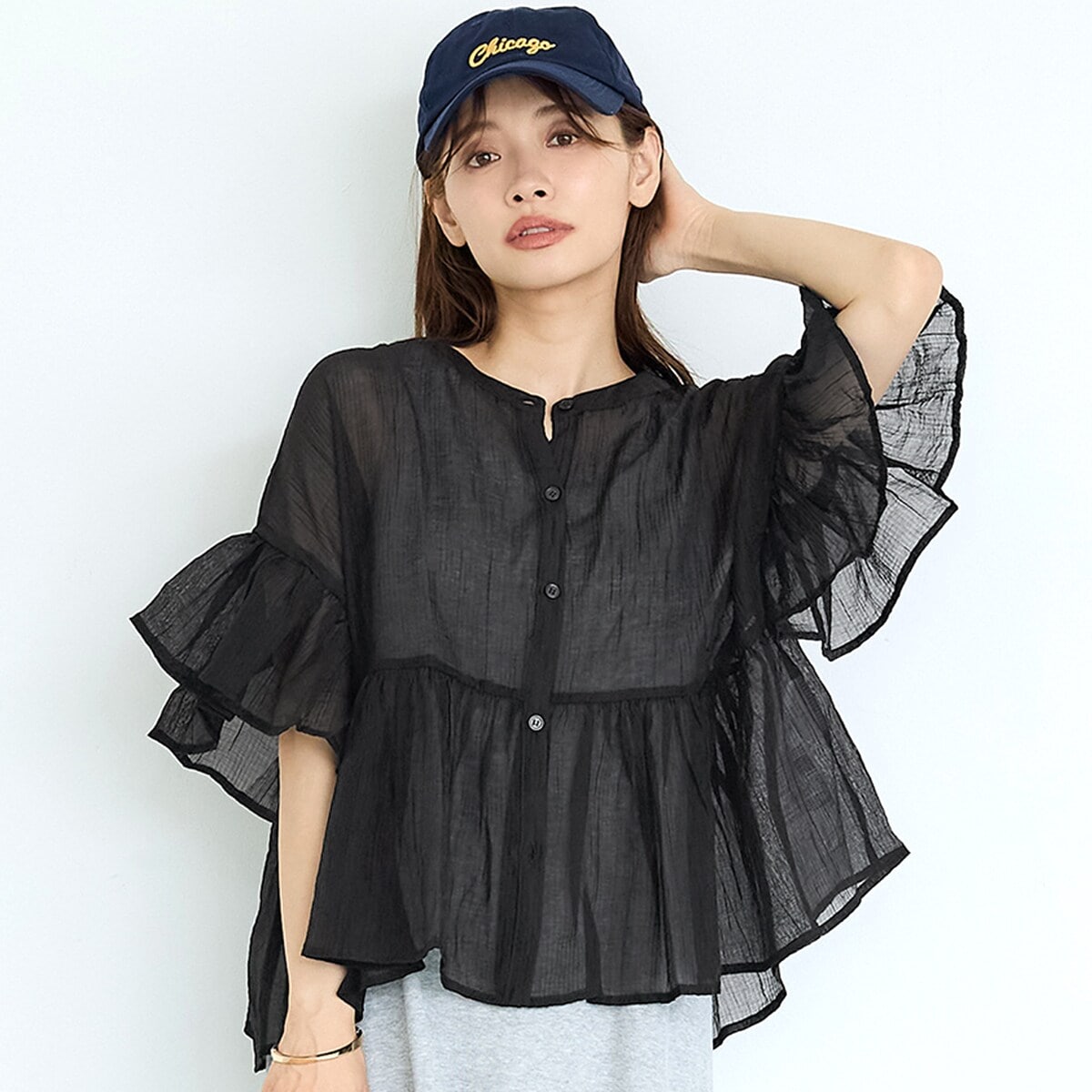 レディース 新品☆ シアー フリル ブラウス 長袖 クルーネック 