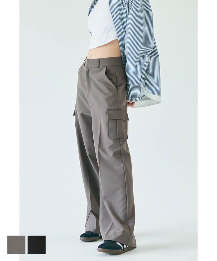 バイカラー ワイドカーゴパンツ ビッグポケット 韓国 2色 hr9675 セール】ワンフォークロージング 1111clothing ◇ZIP使い ワイド