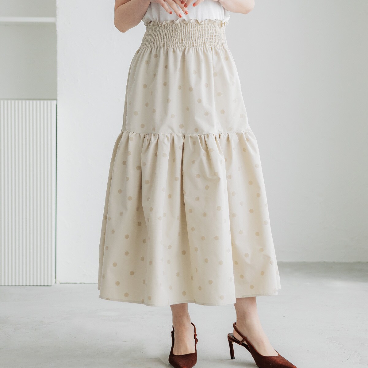 ドゥロワー Drawer シルクフレアスカート ティアード ドット柄 ブラウン ドゥロワー Drawer シルクフレアスカート ティアード ドット柄