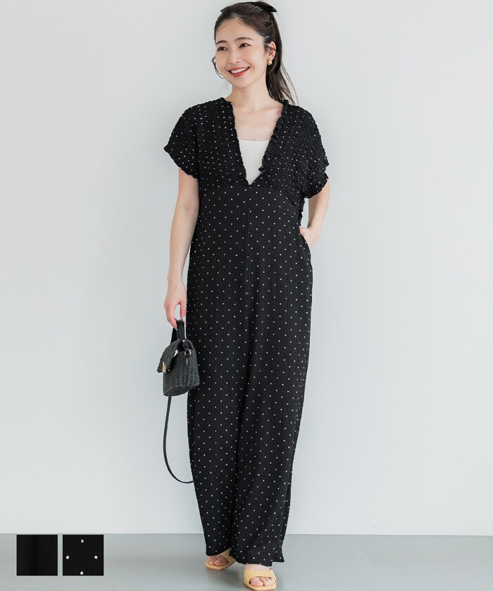 シワが目立ちにくい】シボシャーリングVネックオールインワン 全