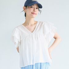 Vネック袖フリルブラウス 全4色