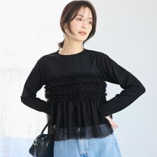 シルキータッチチュールドッキング長袖Tシャツ 全2色