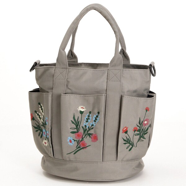 美品！glänta 花柄刺繍 2wayハンドバッグ ブルーグレー glanta」アシンメトリーフラワー刺繍ダブルポケットショルダー