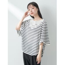 襟レースボーダーポンチョ