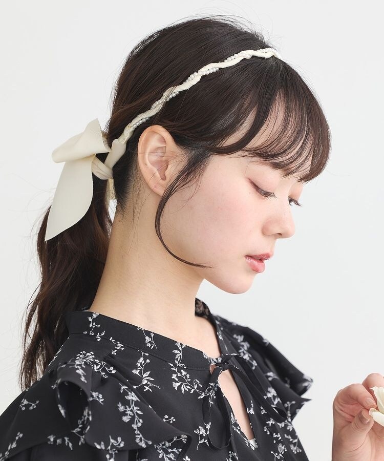 ビジューとパールのリボンカチューシャ(サテンリボン)ピアスor