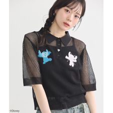 スティッチ／刺繍ハートボタンニットポロシャツ