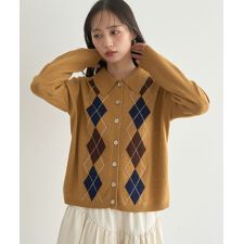 襟付きアーガイルニットカーディガン