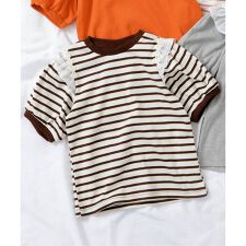 肩フリルフラワーモチーフTシャツ