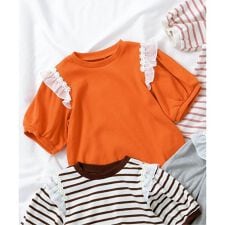 肩フリルフラワーモチーフTシャツ