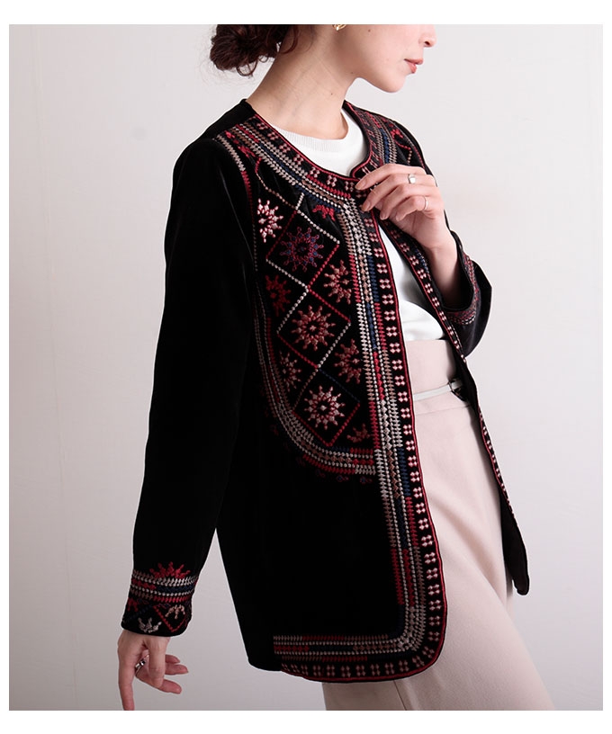 ノスタルジーな刺繍付きノーカラージャケットレディースファッションアウタージャケットブラック