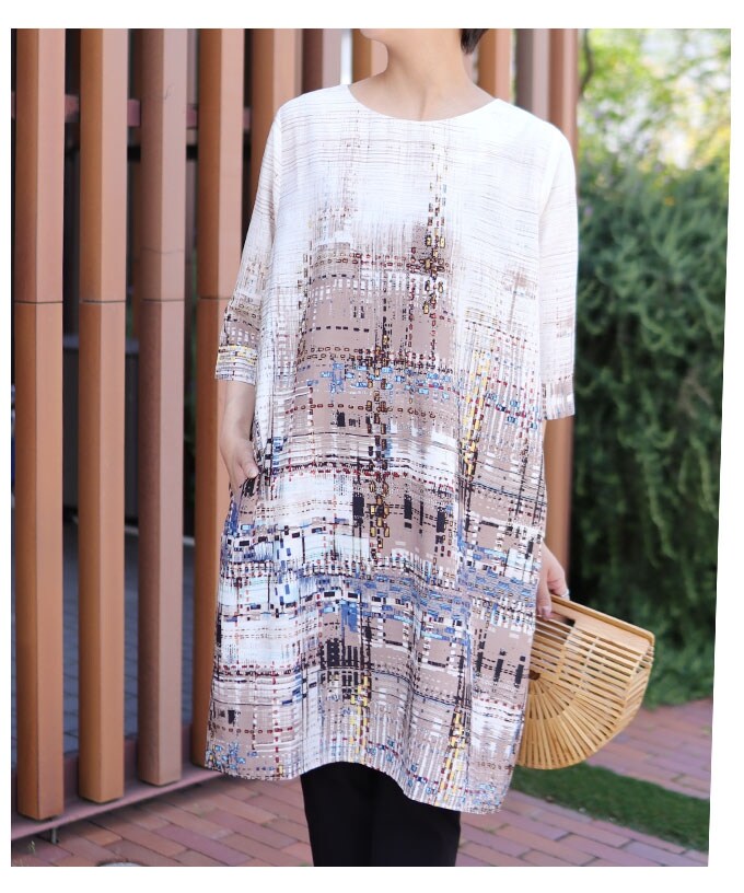 日本製 チュニック 7分袖トップス ナチュラル服 夏服 Uネック ミディ丈 膝丈 コクーン 茶 ブラウン チュニック